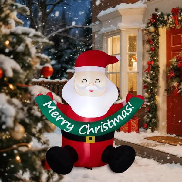 8ft lighted inflatable Santa Claus holding Merry Christmas sign in snowy holiday yard with decorated house