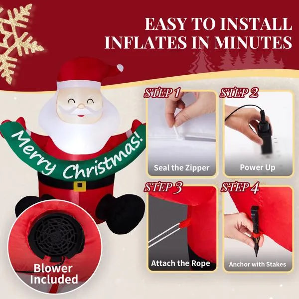 Inflatable Santa Claus holding Merry Christmas banner with blower included and installation steps