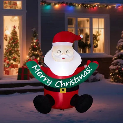 8ft inflatable LED Santa Claus holding Merry Christmas sign in snowy front yard with holiday lights