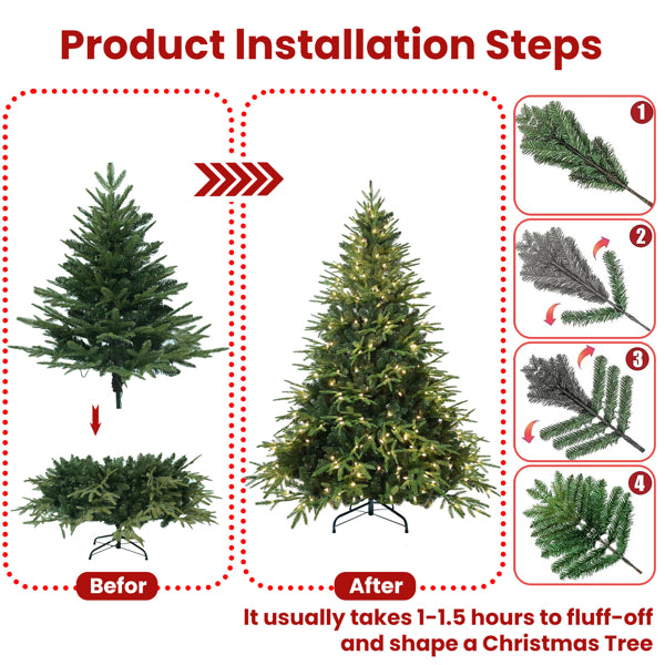 Step-by-step assembly of 5ft green artificial Christmas tree with warm white LED lights