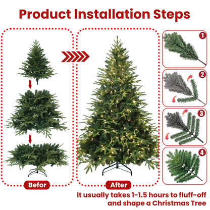 Step-by-step installation of a 5ft artificial Christmas tree with warm white LED lights, showing before and after fluffing.