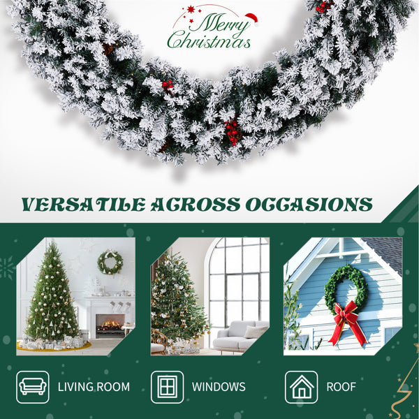 Snow flocked Christmas wreath with red berries and warm white LED lights, versatile for living room, windows, and roof decoration