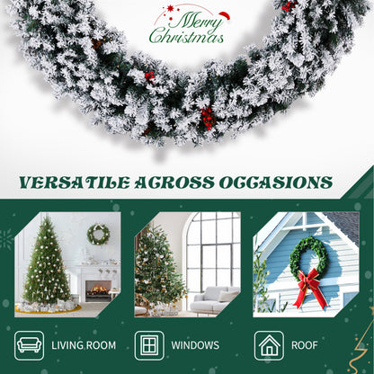 Snow flocked Christmas wreath with red berries and warm white LED lights, versatile for living room, windows, and roof decoration