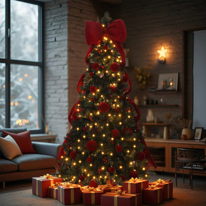 Indoor 7.5 ft Christmas tree with warm white LED lights, red ornaments, large red bow, and wrapped gifts