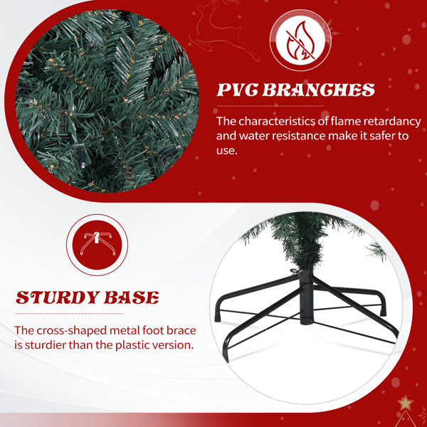 Close-up of green PVC Christmas tree branches with flame retardant and water resistance and sturdy cross-shaped metal base