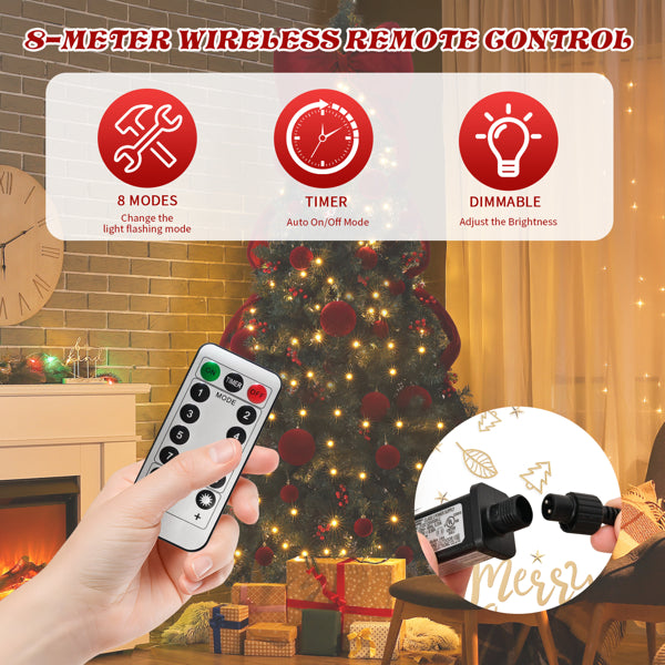 Hand using wireless remote to control 7.5 ft Christmas tree with warm white LED lights and red ornaments in cozy living room with presents