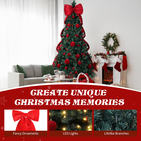 7.5 ft Christmas tree decorated with red ornaments and bow, warm white LED lights in cozy living room