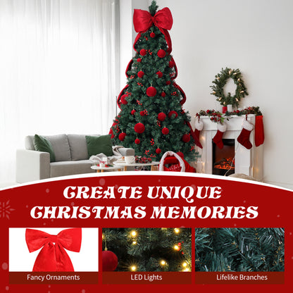 7.5 ft Christmas tree decorated with red ornaments and bow, warm white LED lights in cozy living room