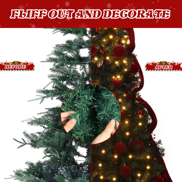 Before and after fluffing and decorating a 7.5 ft artificial Christmas tree with warm white LED lights and red ornaments
