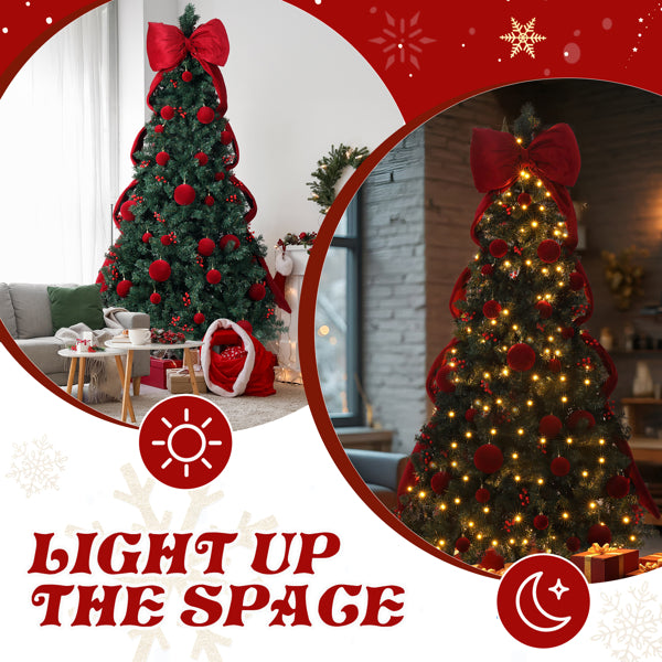 7.5 ft artificial Christmas tree decorated with red bows and balls, featuring 300 warm white LED lights