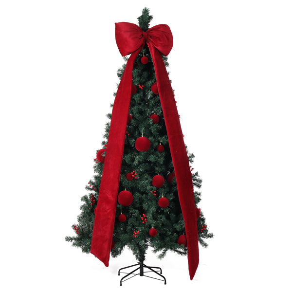 7.5 ft artificial Christmas tree decorated with red velvet bow and red ornaments