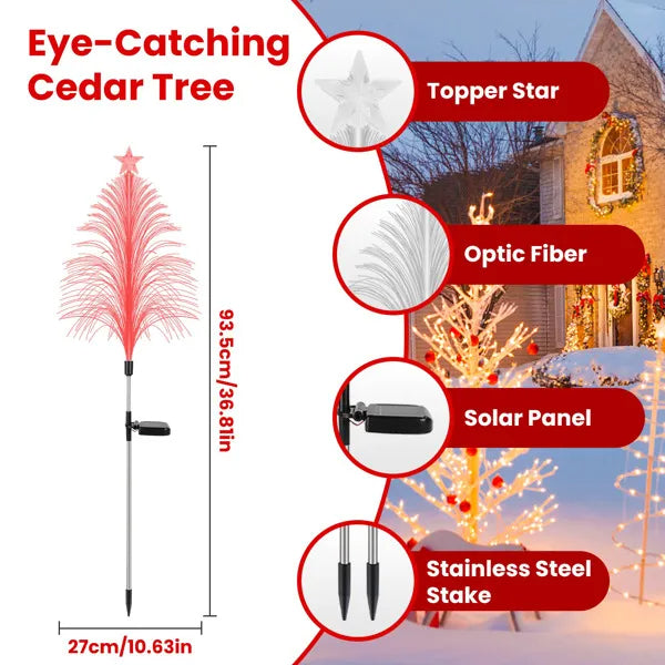Outdoor solar-powered cedar tree light with optic fiber, topper star, and stainless steel stake for Christmas decor