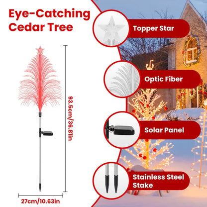Outdoor solar-powered cedar tree light with optic fiber, topper star, and stainless steel stake for Christmas decor