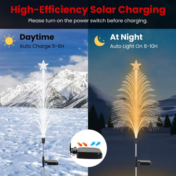 Solar-powered outdoor decorative cedar tree lights with star topper glowing at night and charging in daylight