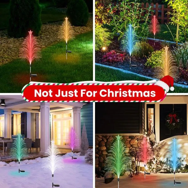 Colorful solar cedar tree lights in various outdoor settings including garden and snow, festive decor