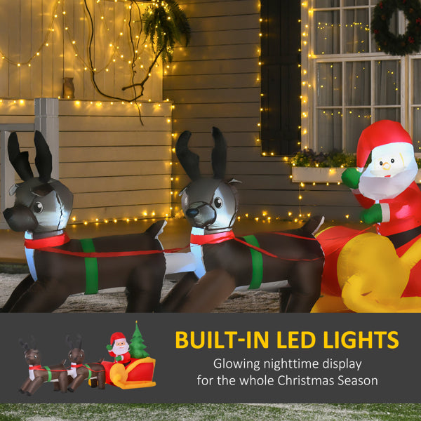 7ft inflatable Santa Claus in sleigh with two reindeer, built-in LED Christmas yard decoration