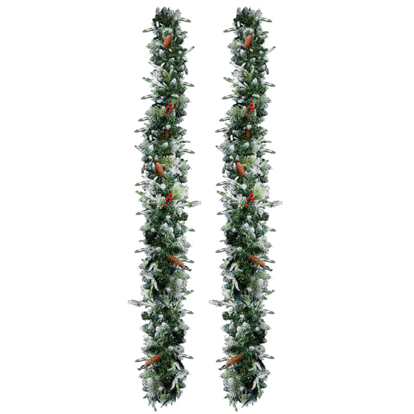 9ft snow flocked Christmas garland with pinecones, red berries, and green foliage