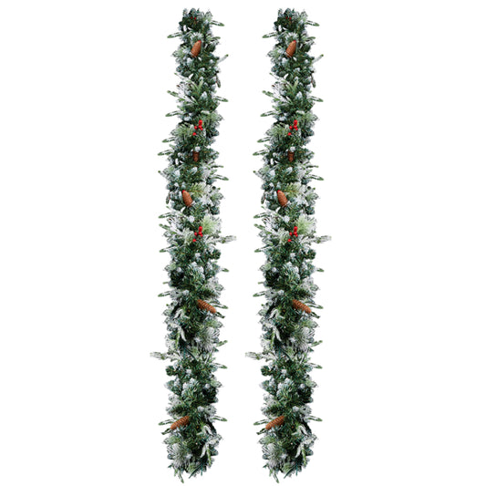 9ft snow flocked Christmas garland with pinecones, red berries, and green foliage