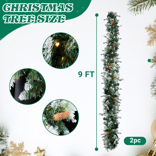 9 ft snow flocked Christmas garland with pine cones and 200 warm LED lights, 2-piece set