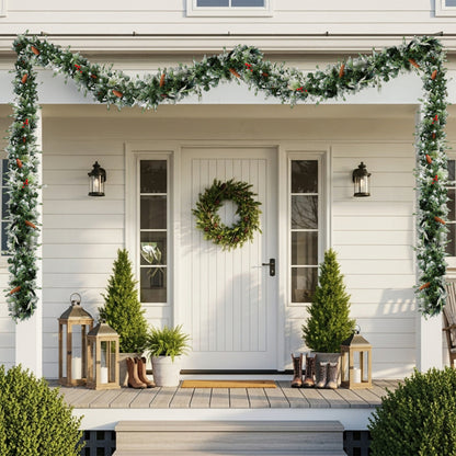 Snow-flocked Christmas garland with warm lights decorating a white porch entrance with wreath, lanterns, and potted greenery