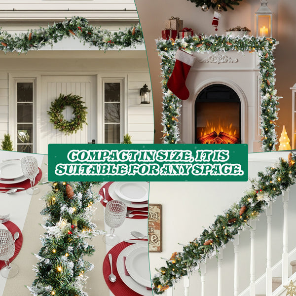 9ft snow flocked Christmas garland with 200 warm lights decorated on fireplace, stair railing, doorframe, and dining table