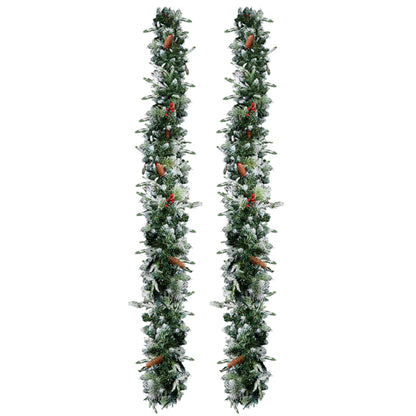 9ft snow flocked Christmas garland with warm white lights, pinecones, and red berries