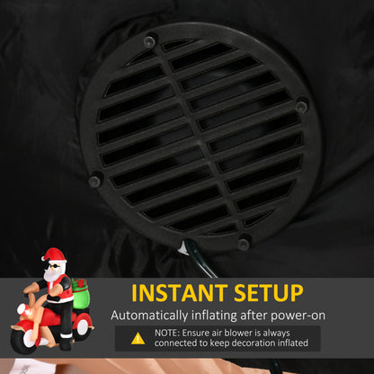Black circular air blower vent on inflatable Christmas decoration with instruction text for instant setup