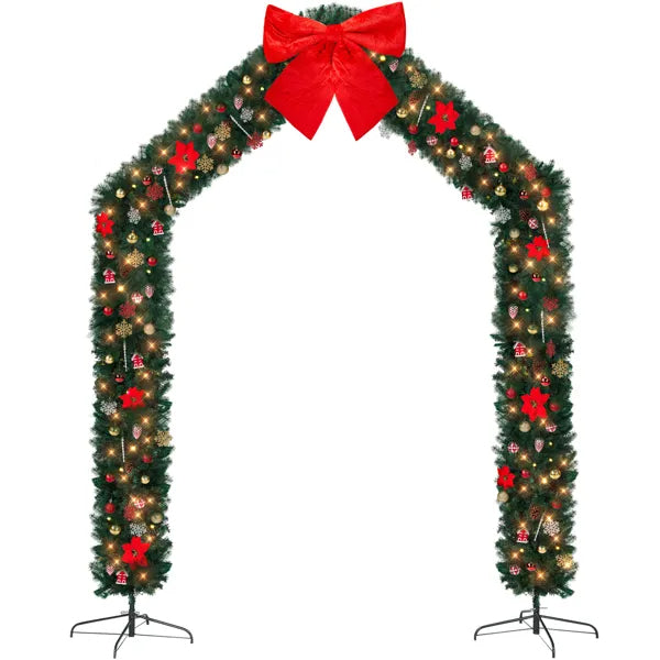 8.5 ft artificial Christmas tree archway decorated with red bows, poinsettias, lights, and ornaments