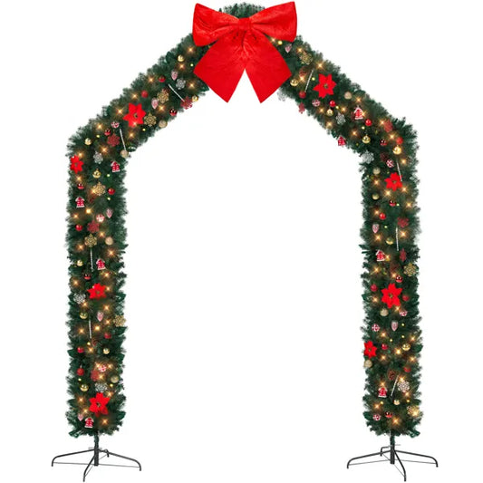 8.5 ft artificial Christmas tree archway decorated with red bows, poinsettias, lights, and ornaments