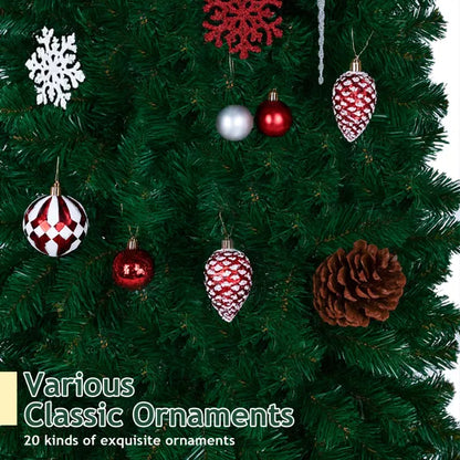 Green artificial Christmas tree decorated with red, white, and silver classic ornaments including balls, pinecone, snowflakes