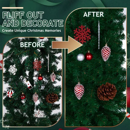 Before and after images of a Christmas tree decoration with red, white ornaments, pinecones on green artificial tree branches