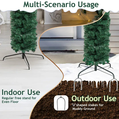 Green 8.5 ft artificial Christmas tree with indoor regular free stand and outdoor U-shaped stakes for stability