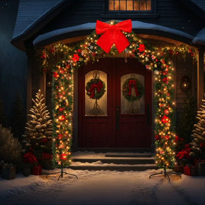 Christmas archway decorated with green garland, red bows, lights, and two red doors with wreaths in snowy setting