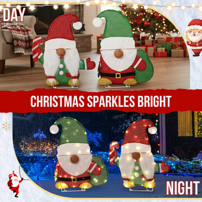 Christmas gnome decorations with lighted candy cane, warm white LED lights, day and night views