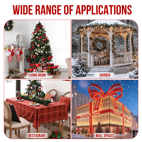 Christmas decor applications showing decorated living room, garden gazebo, restaurant table, and mall building with lights