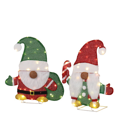 Lighted Christmas gnome decorations with candy cane and warm white LEDs, festive red and green colors