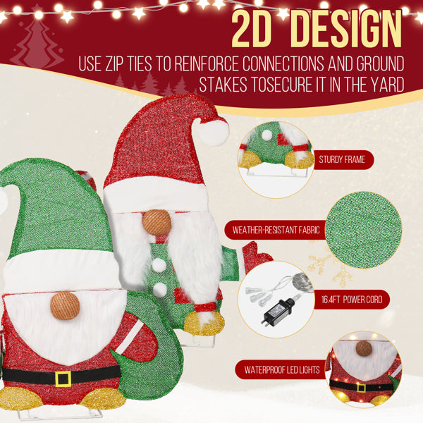 2D lighted Christmas gnome decorations with red and green hats, weather-resistant fabric, and waterproof LED lights