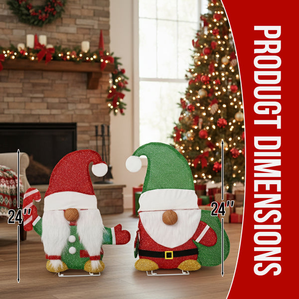 24-inch tall lighted Christmas gnome decorations with candy cane and green sack in festive living room