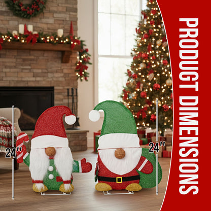24-inch tall lighted Christmas gnome decorations with candy cane and green sack in festive living room