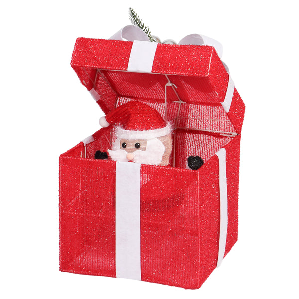 Red motorized pop-up gift box with white ribbon and Santa Claus figure inside Christmas decoration
