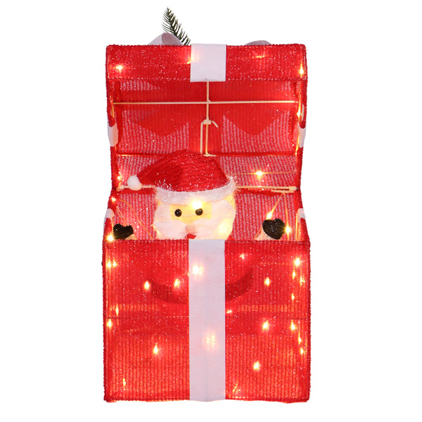 Motorized pop-up Christmas gift box decoration with glowing LED lights and Santa face inside