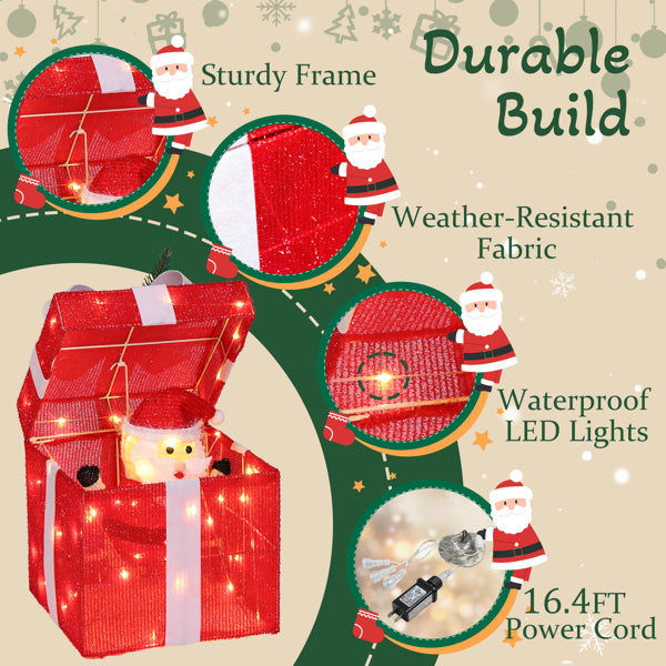 Red motorized pop-up Christmas gift box with LED lights, sturdy frame, weather-resistant fabric, and 16.4FT power cord