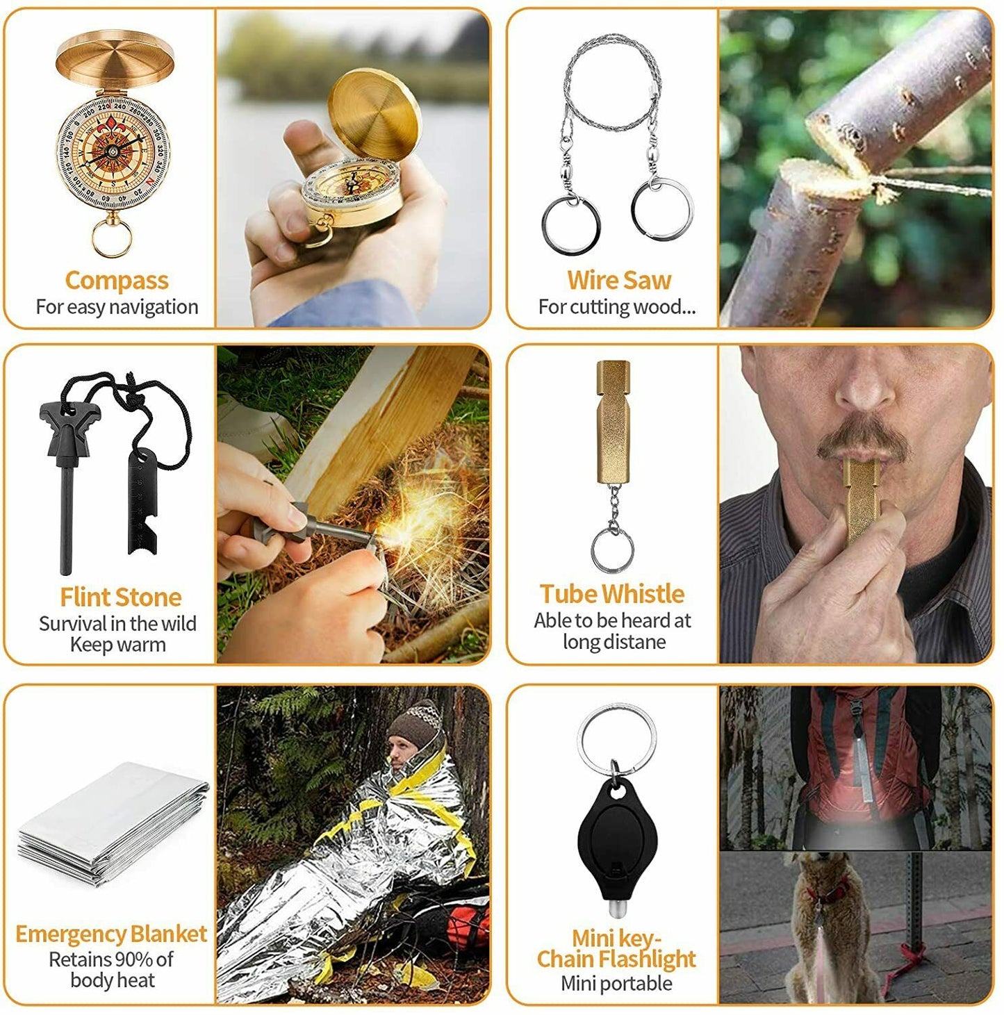 14-in-1 outdoor survival kit with compass, wire saw, flint stone, tube whistle, emergency blanket, and mini key-chain flashlight