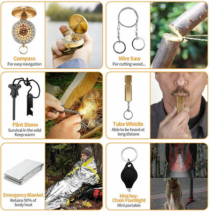 14-in-1 outdoor survival kit with compass, wire saw, flint stone, tube whistle, emergency blanket, and mini key-chain flashlight