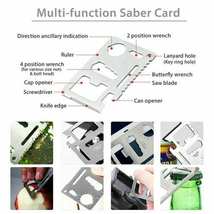 Multi-function saber card with wrench, screwdriver, ruler, knife edge, saw blade, cap and can openers