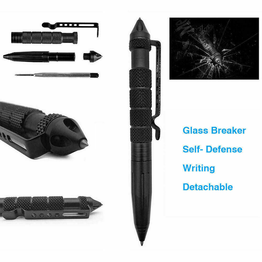 Black tactical pen with glass breaker tip, self-defense features, and detachable parts