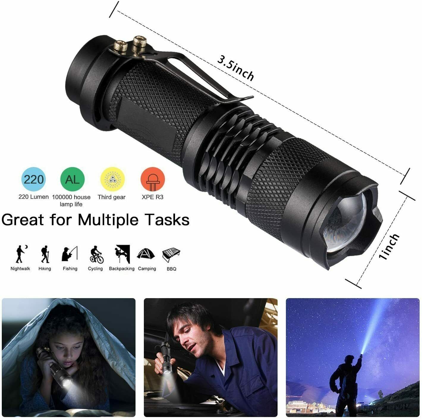 Black compact 3.5 inch LED flashlight with textured grip for nightwalk, hiking, fishing, and camping