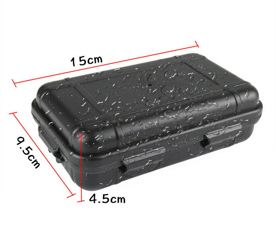 Black waterproof survival kit case with water droplets, measuring 15x9.5x4.5 cm, compact outdoor gear