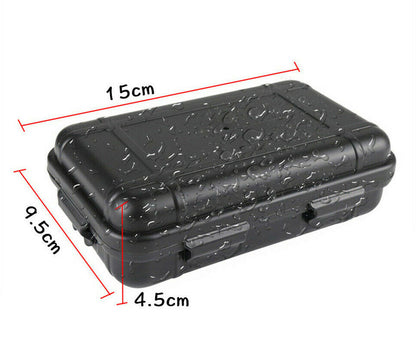 Black waterproof survival kit case with water droplets, measuring 15x9.5x4.5 cm, compact outdoor gear