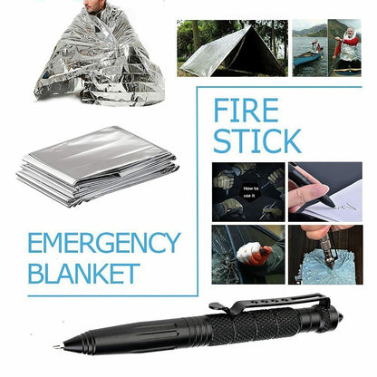 Emergency blanket for outdoor survival and fire starter stick multifunctional tactical pen
